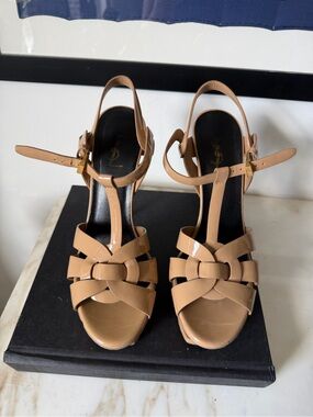 Yves Saint Laurent Nude Patent Leather Knotted T-Strap Heels